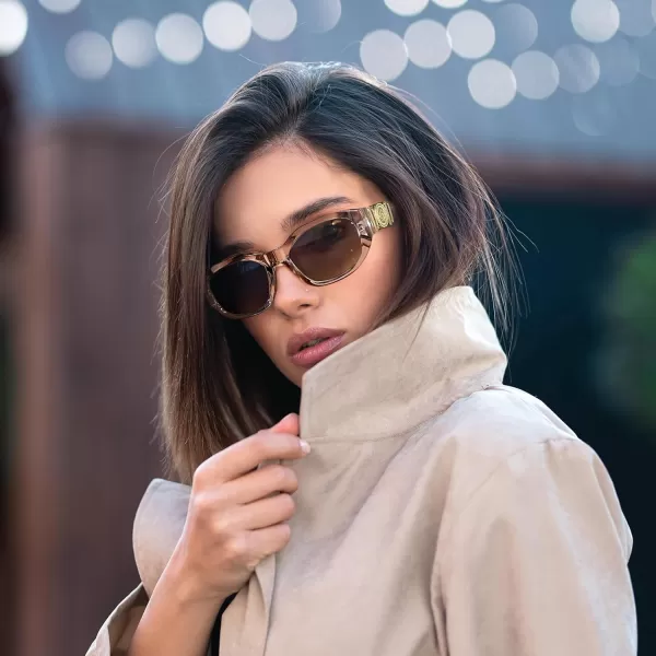 FEISEDY Retro Trendy Rectangle Sunglasses Women Men Vintage 90s Small Narrow Square Sunglasses B2322Champagne FrameBrown Lens