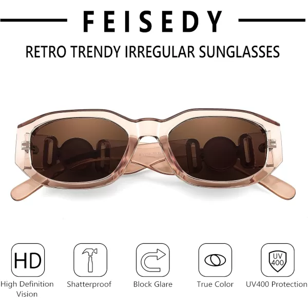 FEISEDY Retro Trendy Rectangle Sunglasses Women Men Vintage 90s Small Narrow Square Sunglasses B2322Champagne FrameBrown Lens