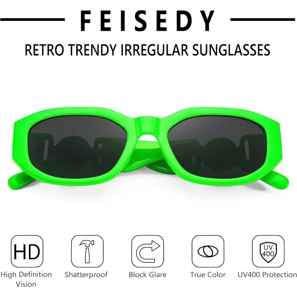 FEISEDY Retro Trendy Rectangle Sunglasses Women Men Vintage 90s Small Narrow Square Sunglasses B2322Fluorescent Green FrameGray Lens