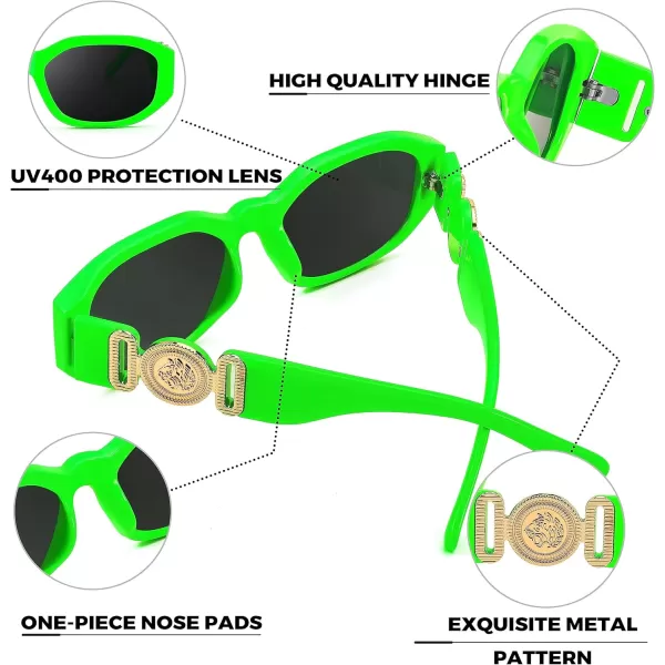 FEISEDY Retro Trendy Rectangle Sunglasses Women Men Vintage 90s Small Narrow Square Sunglasses B2322Fluorescent Green FrameGray Lens