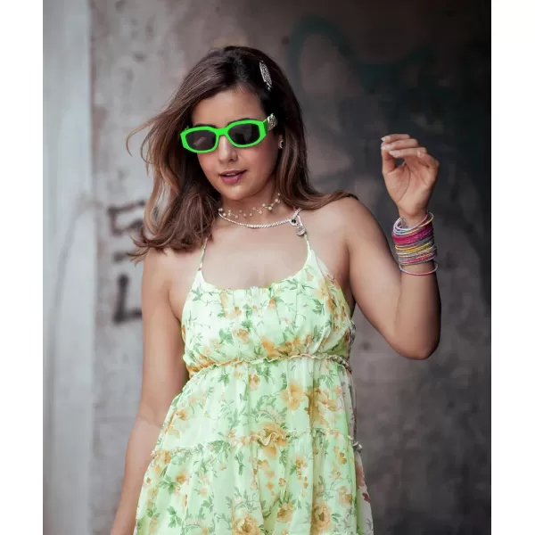 FEISEDY Retro Trendy Rectangle Sunglasses Women Men Vintage 90s Small Narrow Square Sunglasses B2322Fluorescent Green FrameGray Lens