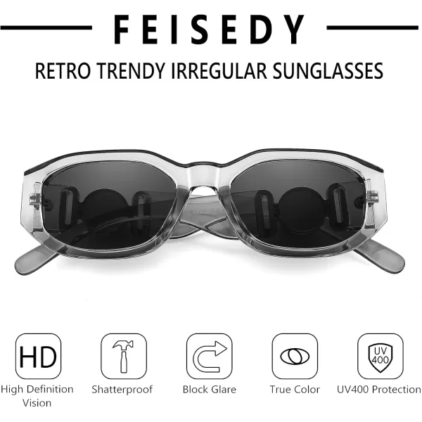 FEISEDY Retro Trendy Rectangle Sunglasses Women Men Vintage 90s Small Narrow Square Sunglasses B2322Transparent Gray FrameGray Lens