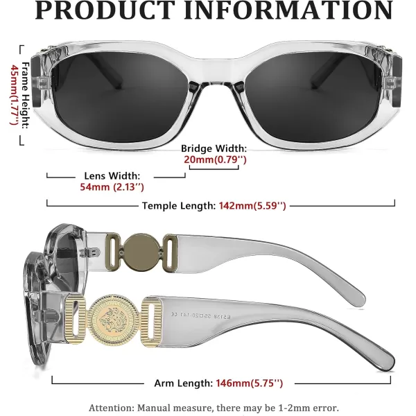 FEISEDY Retro Trendy Rectangle Sunglasses Women Men Vintage 90s Small Narrow Square Sunglasses B2322Transparent Gray FrameGray Lens