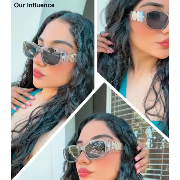 FEISEDY Retro Trendy Rectangle Sunglasses Women Men Vintage 90s Small Narrow Square Sunglasses B2322Transparent Gray FrameGray Lens
