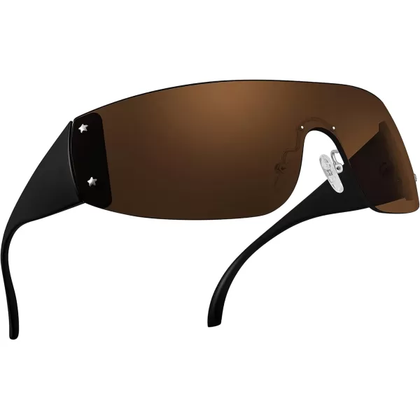 FEISEDY Rimless Wrap Around Y2K Sunglasses For Women Men Fashion Oversized Shield Frameless Sun Glasses B4119BlackBrown