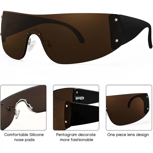 FEISEDY Rimless Wrap Around Y2K Sunglasses For Women Men Fashion Oversized Shield Frameless Sun Glasses B4119BlackBrown