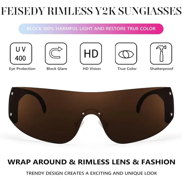 FEISEDY Rimless Wrap Around Y2K Sunglasses For Women Men Fashion Oversized Shield Frameless Sun Glasses B4119BlackBrown