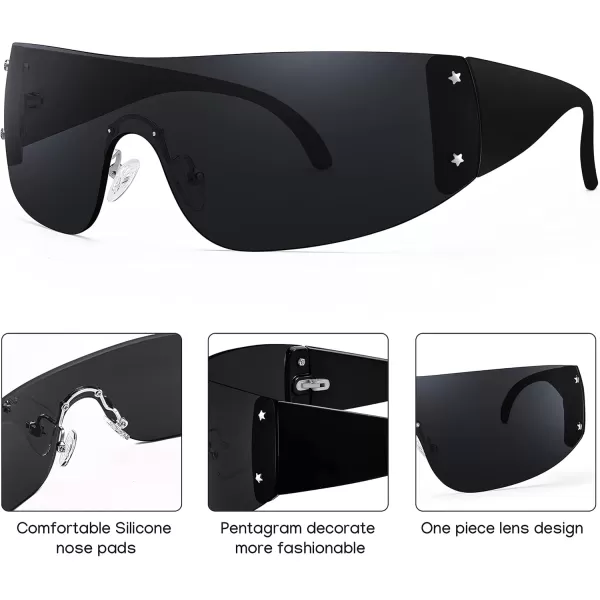 FEISEDY Rimless Wrap Around Y2K Sunglasses For Women Men Fashion Oversized Shield Frameless Sun Glasses B4119BlackGrey