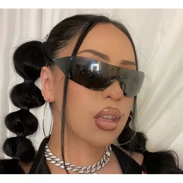 FEISEDY Rimless Wrap Around Y2K Sunglasses For Women Men Fashion Oversized Shield Frameless Sun Glasses B4119BlackGrey