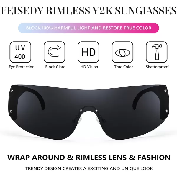 FEISEDY Rimless Wrap Around Y2K Sunglasses For Women Men Fashion Oversized Shield Frameless Sun Glasses B4119BlackGrey