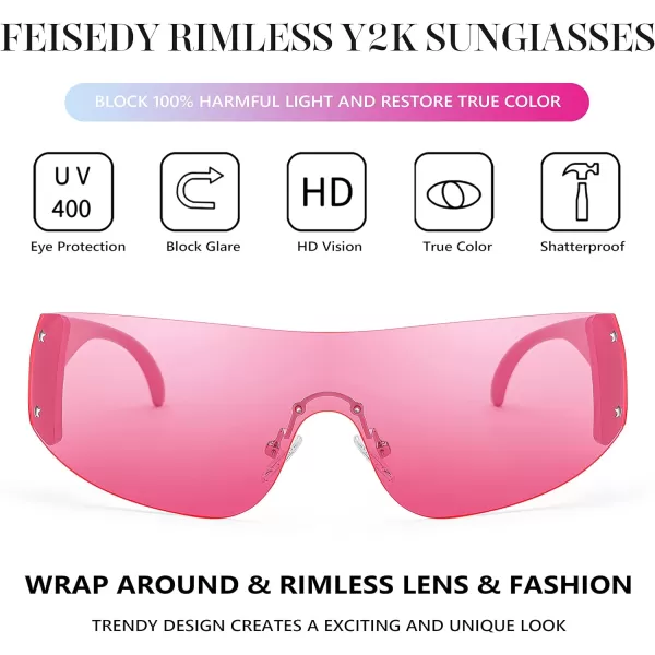FEISEDY Rimless Wrap Around Y2K Sunglasses For Women Men Fashion Oversized Shield Frameless Sun Glasses B4119Pink