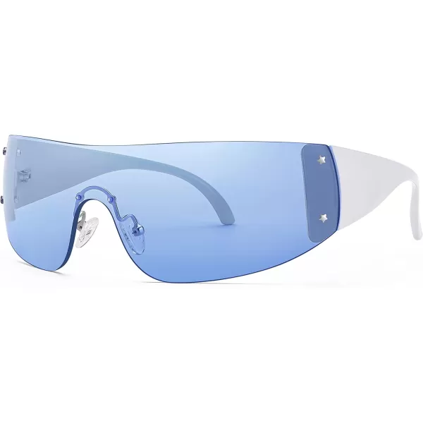 FEISEDY Rimless Wrap Around Y2K Sunglasses For Women Men Fashion Oversized Shield Frameless Sun Glasses B4119WhiteBlue