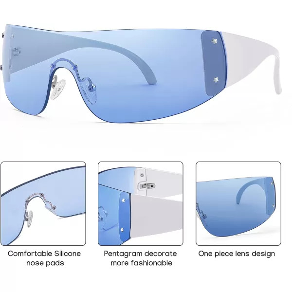 FEISEDY Rimless Wrap Around Y2K Sunglasses For Women Men Fashion Oversized Shield Frameless Sun Glasses B4119WhiteBlue