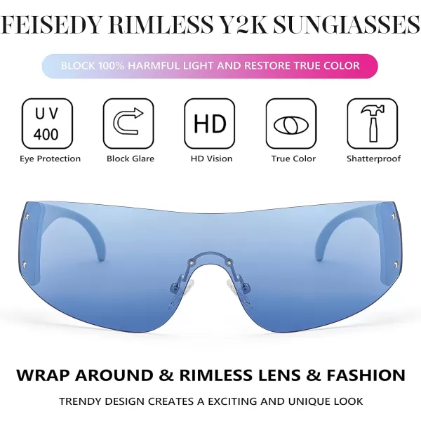 FEISEDY Rimless Wrap Around Y2K Sunglasses For Women Men Fashion Oversized Shield Frameless Sun Glasses B4119WhiteBlue