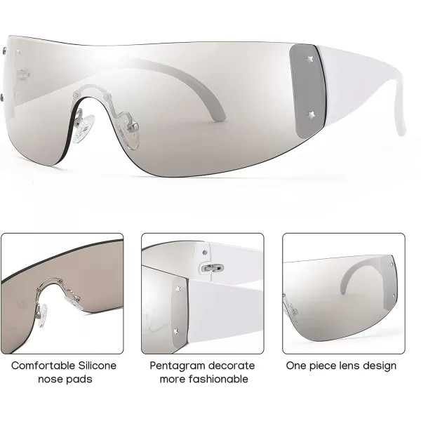 FEISEDY Rimless Wrap Around Y2K Sunglasses For Women Men Fashion Oversized Shield Frameless Sun Glasses B4119WhiteGradient Silver