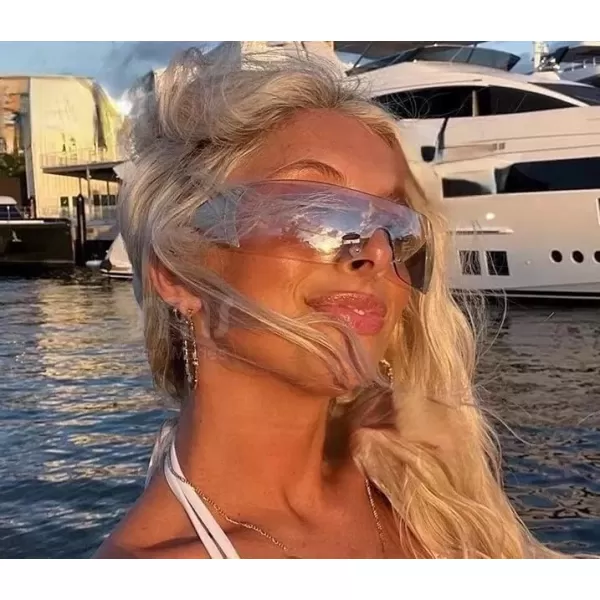 FEISEDY Rimless Wrap Around Y2K Sunglasses For Women Men Fashion Oversized Shield Frameless Sun Glasses B4119WhiteGradient Silver