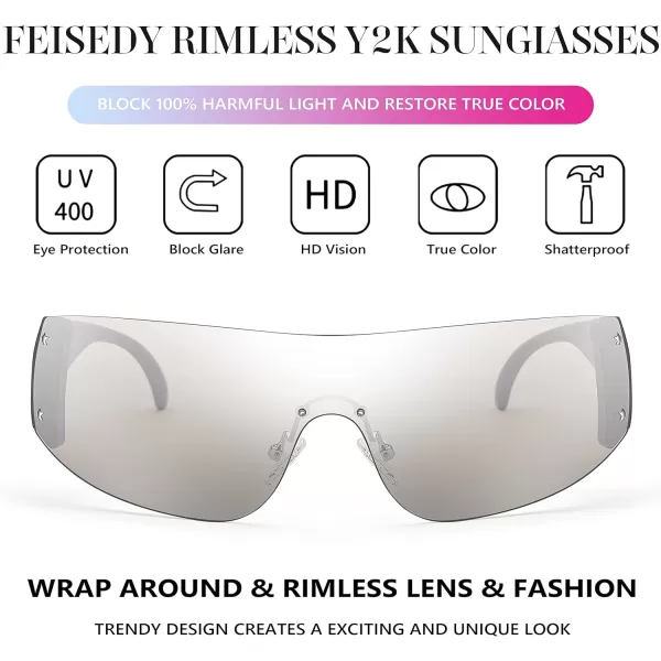 FEISEDY Rimless Wrap Around Y2K Sunglasses For Women Men Fashion Oversized Shield Frameless Sun Glasses B4119WhiteGradient Silver