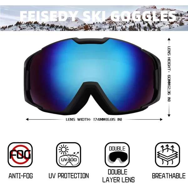 FEISEDY Ski Goggles OTG Snow Sport Goggles for Adult Youth AntiFog UV400 Protection Bendable DualLenses B2961Blue Silver Vlt 18