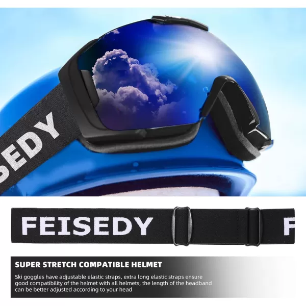 FEISEDY Ski Goggles OTG Snow Sport Goggles for Adult Youth AntiFog UV400 Protection Bendable DualLenses B2961Blue Silver Vlt 18