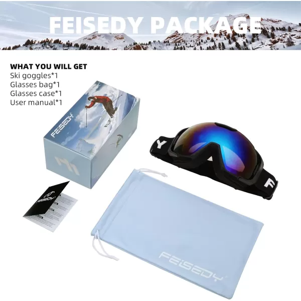 FEISEDY Ski Goggles OTG Snow Sport Goggles for Adult Youth AntiFog UV400 Protection Bendable DualLenses B2961Blue Silver Vlt 18