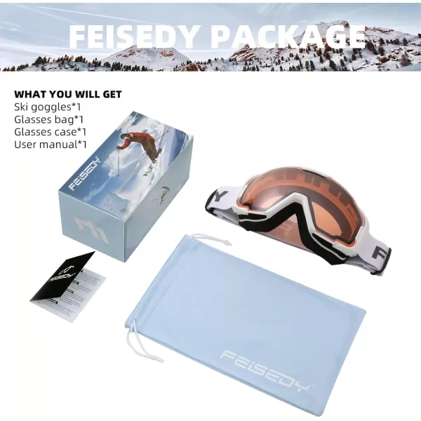 FEISEDY Ski Goggles OTG Snow Sport Goggles for Adult Youth AntiFog UV400 Protection Bendable DualLenses B2961Orange Vlt 53