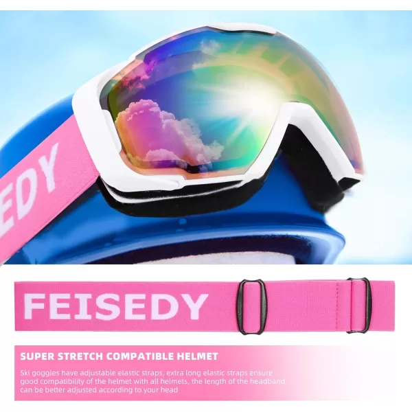 FEISEDY Ski Goggles OTG Snow Sport Goggles for Adult Youth AntiFog UV400 Protection Bendable DualLenses B2961Pink Silver Vlt 45