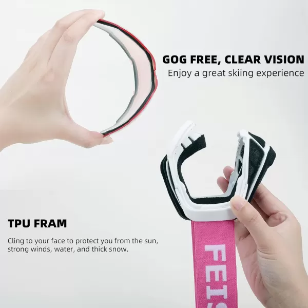 FEISEDY Ski Goggles OTG Snow Sport Goggles for Adult Youth AntiFog UV400 Protection Bendable DualLenses B2961Pink Silver Vlt 45