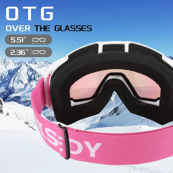 FEISEDY Ski Goggles OTG Snow Sport Goggles for Adult Youth AntiFog UV400 Protection Bendable DualLenses B2961Pink Silver Vlt 45