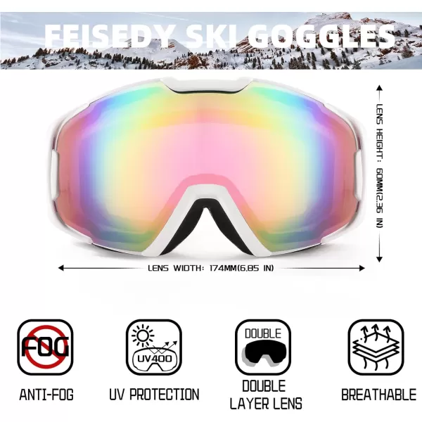 FEISEDY Ski Goggles OTG Snow Sport Goggles for Adult Youth AntiFog UV400 Protection Bendable DualLenses B2961Pink Silver Vlt 45