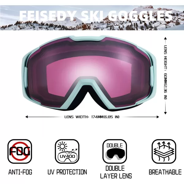 FEISEDY Ski Goggles OTG Snow Sport Goggles for Adult Youth AntiFog UV400 Protection Bendable DualLenses B2961Purple Silver Vlt 27