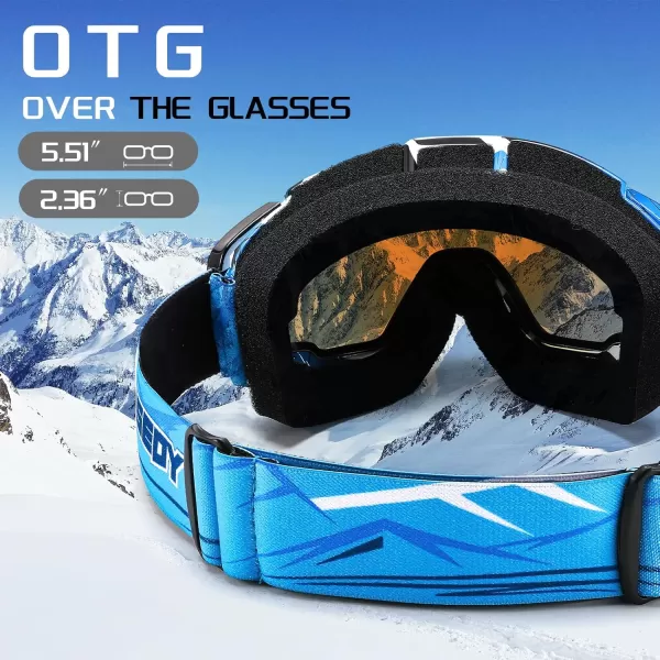 FEISEDY Ski Goggles OTG Snow Sport Goggles for Adult Youth AntiFog UV400 Protection Bendable DualLenses B2961Revo Ice Blue Silver Vlt 22