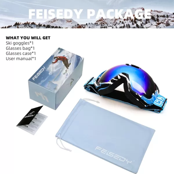 FEISEDY Ski Goggles OTG Snow Sport Goggles for Adult Youth AntiFog UV400 Protection Bendable DualLenses B2961Revo Ice Blue Silver Vlt 22