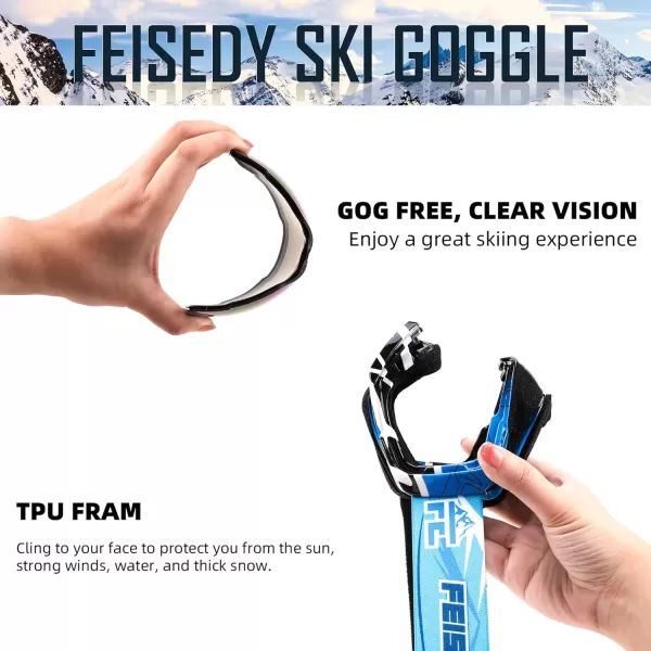 FEISEDY Ski Goggles OTG Snow Sport Goggles for Adult Youth AntiFog UV400 Protection Bendable DualLenses B2961Revo Ice Blue Silver Vlt 22