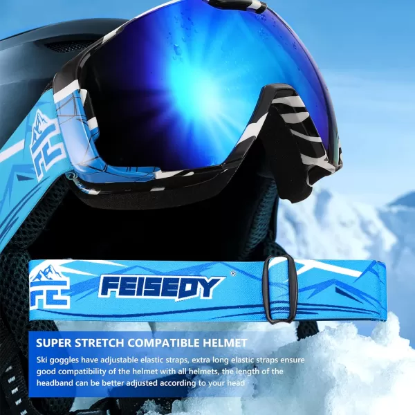 FEISEDY Ski Goggles OTG Snow Sport Goggles for Adult Youth AntiFog UV400 Protection Bendable DualLenses B2961Revo Ice Blue Silver Vlt 22