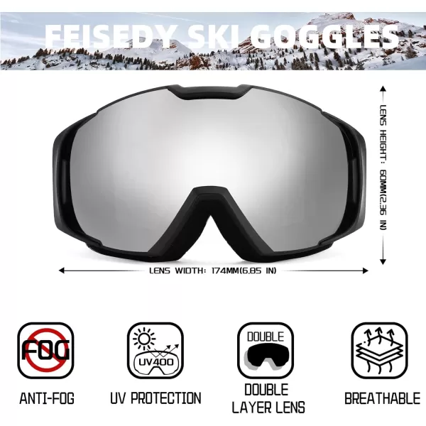 FEISEDY Ski Goggles OTG Snow Sport Goggles for Adult Youth AntiFog UV400 Protection Bendable DualLenses B2961Silver Vlt 12