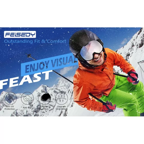 FEISEDY Ski Goggles OTG Snow Sport Goggles for Adult Youth AntiFog UV400 Protection Bendable DualLenses B2961Silver Vlt 12