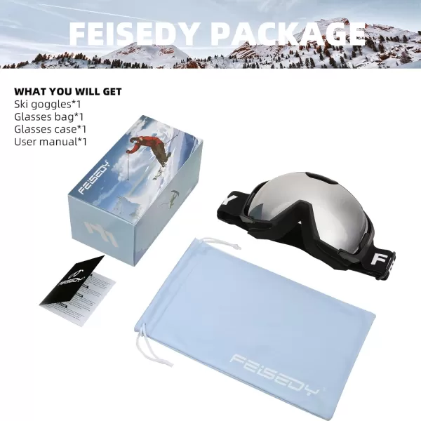 FEISEDY Ski Goggles OTG Snow Sport Goggles for Adult Youth AntiFog UV400 Protection Bendable DualLenses B2961Silver Vlt 12