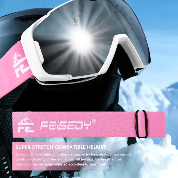 FEISEDY Ski Goggles OTG Snow Sport Goggles for Adult Youth AntiFog UV400 Protection Bendable DualLenses B2961White  Silver Vlt 12
