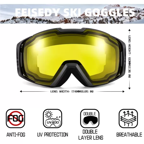 FEISEDY Ski Goggles OTG Snow Sport Goggles for Adult Youth AntiFog UV400 Protection Bendable DualLenses B2961Yellow Vlt 85