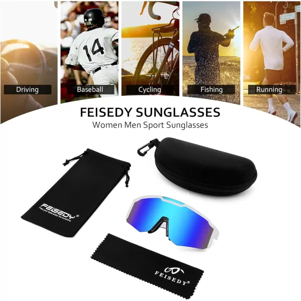 FEISEDY Sports Sunglasses for Men Women Cycling Fishing Mountain Bike Outdoor Glasses or Youth Teens B9128Black Frame  Mirror Blue