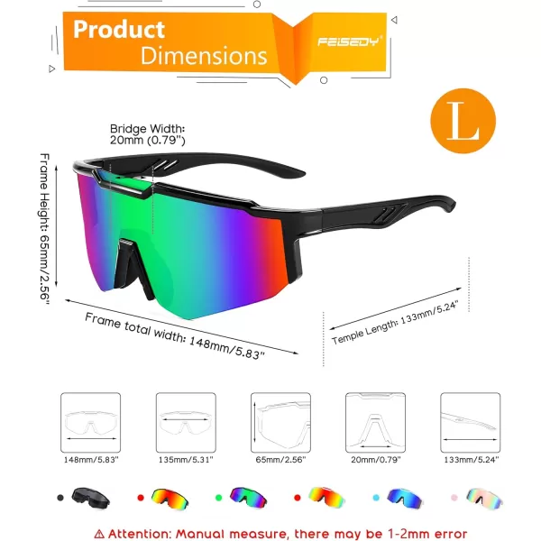 FEISEDY Sports Sunglasses for Men Women Cycling Fishing Mountain Bike Outdoor Glasses or Youth Teens B9128Black Frame  Mirror Green
