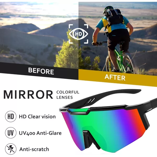 FEISEDY Sports Sunglasses for Men Women Cycling Fishing Mountain Bike Outdoor Glasses or Youth Teens B9128Black Frame  Mirror Green