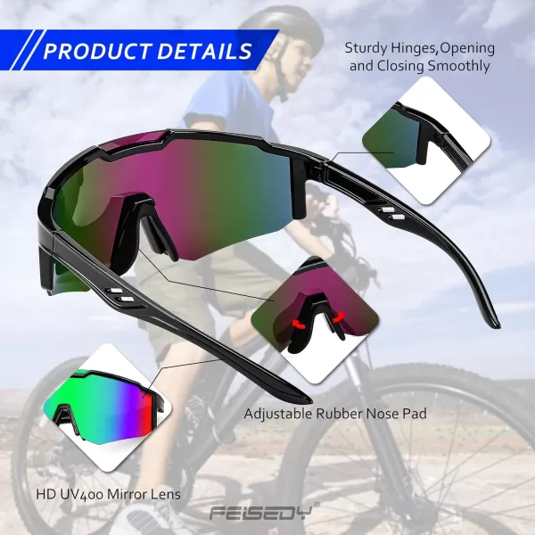 FEISEDY Sports Sunglasses for Men Women Cycling Fishing Mountain Bike Outdoor Glasses or Youth Teens B9128Black Frame  Mirror Green