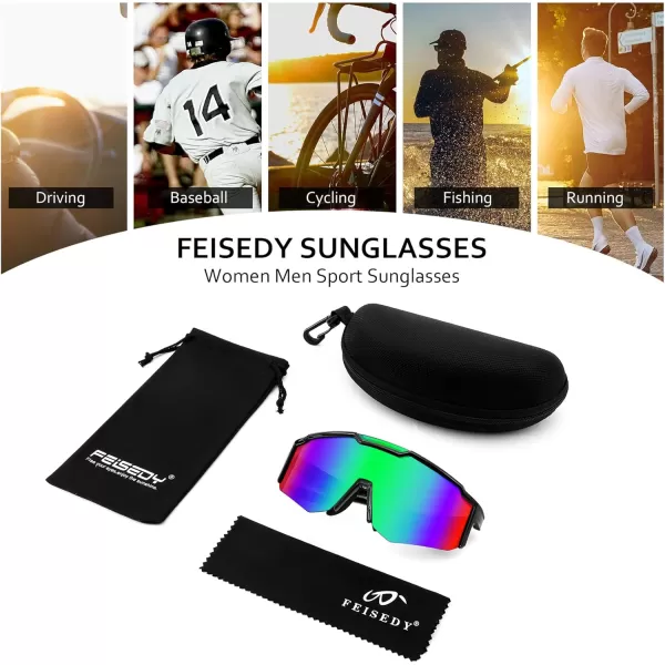 FEISEDY Sports Sunglasses for Men Women Cycling Fishing Mountain Bike Outdoor Glasses or Youth Teens B9128Black Frame  Mirror Green