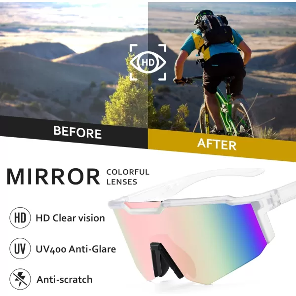 FEISEDY Sports Sunglasses for Men Women Cycling Fishing Mountain Bike Outdoor Glasses or Youth Teens B9128Transparent Frame  Mirror Pink
