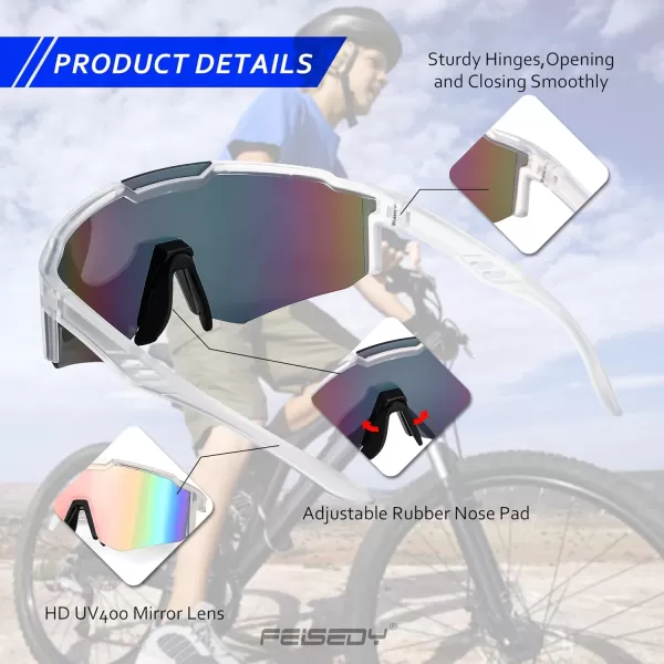 FEISEDY Sports Sunglasses for Men Women Cycling Fishing Mountain Bike Outdoor Glasses or Youth Teens B9128Transparent Frame  Mirror Pink
