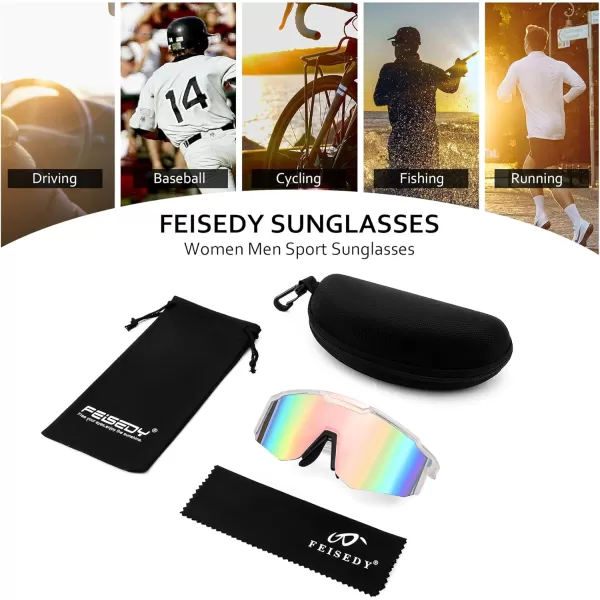 FEISEDY Sports Sunglasses for Men Women Cycling Fishing Mountain Bike Outdoor Glasses or Youth Teens B9128Transparent Frame  Mirror Pink