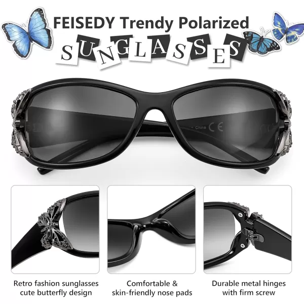 FEISEDY Trendy Polarized Y2K Sunglasses Wrap Around Butterfly Design Fashion Sunnies UV400 Protection B0078Black Frame  Gradual Grey Lens
