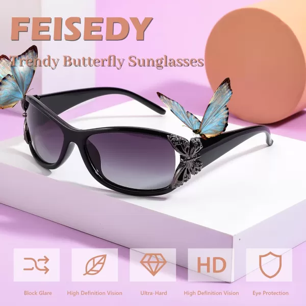 FEISEDY Trendy Polarized Y2K Sunglasses Wrap Around Butterfly Design Fashion Sunnies UV400 Protection B0078Black Frame  Gradual Grey Lens