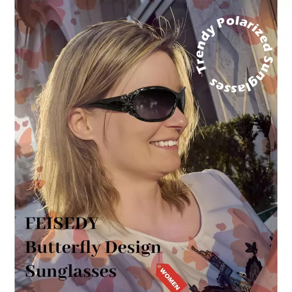 FEISEDY Trendy Polarized Y2K Sunglasses Wrap Around Butterfly Design Fashion Sunnies UV400 Protection B0078Black Frame  Gradual Grey Lens